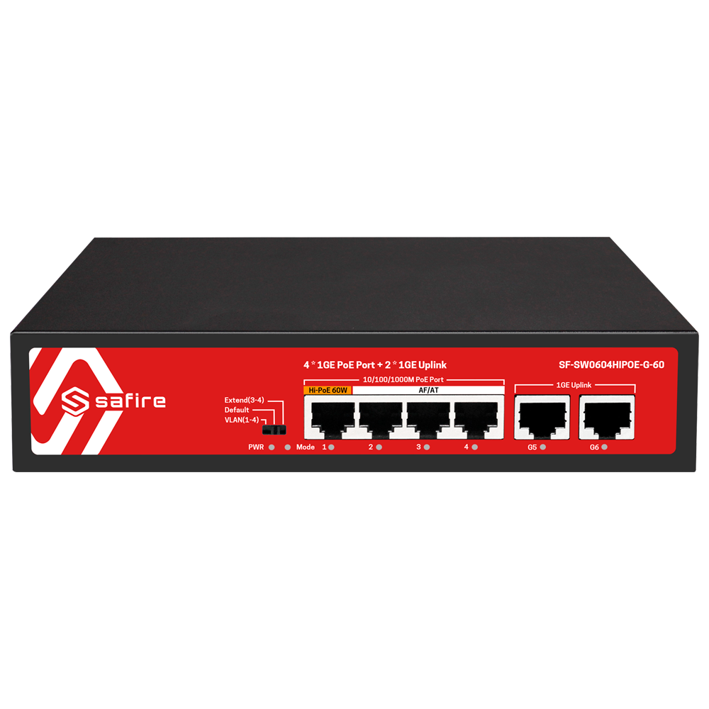 Safire PoE Switch - 4 PoE porte + 2 Uplink porte - Porthastighed 10/100/1000 Mbps - 4 PoE+ porte 30W - Total PoE effekt 60W - PoE Watchdog / Auto PoE Extended op til 250m
