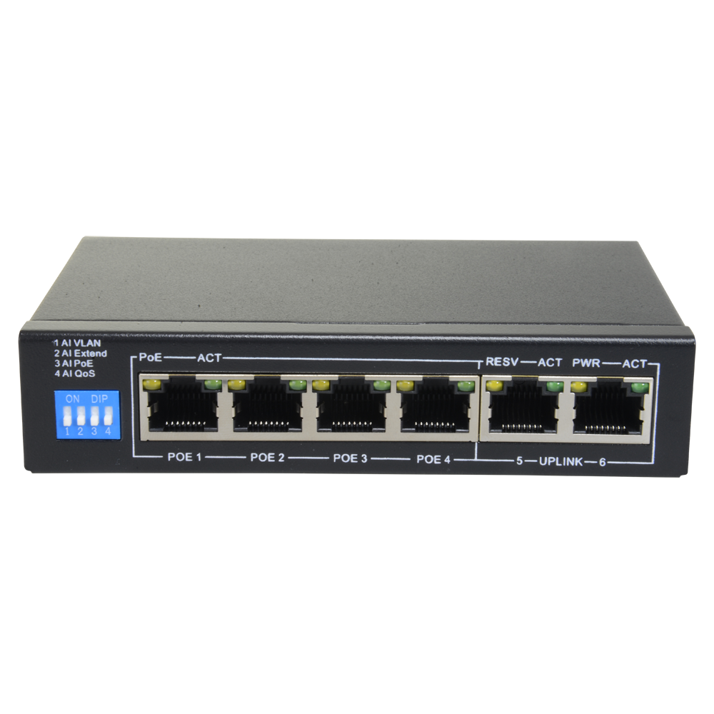 PoE Switch - 4 PoE porte + 2 Uplink porte - Hastighed op til 100 Mbps på alle porte - Op til 60W samlet for alle porte - Båndbredde 1.2 Gbps - Standard IEEE802.3af (PoE) / at (PoE+)