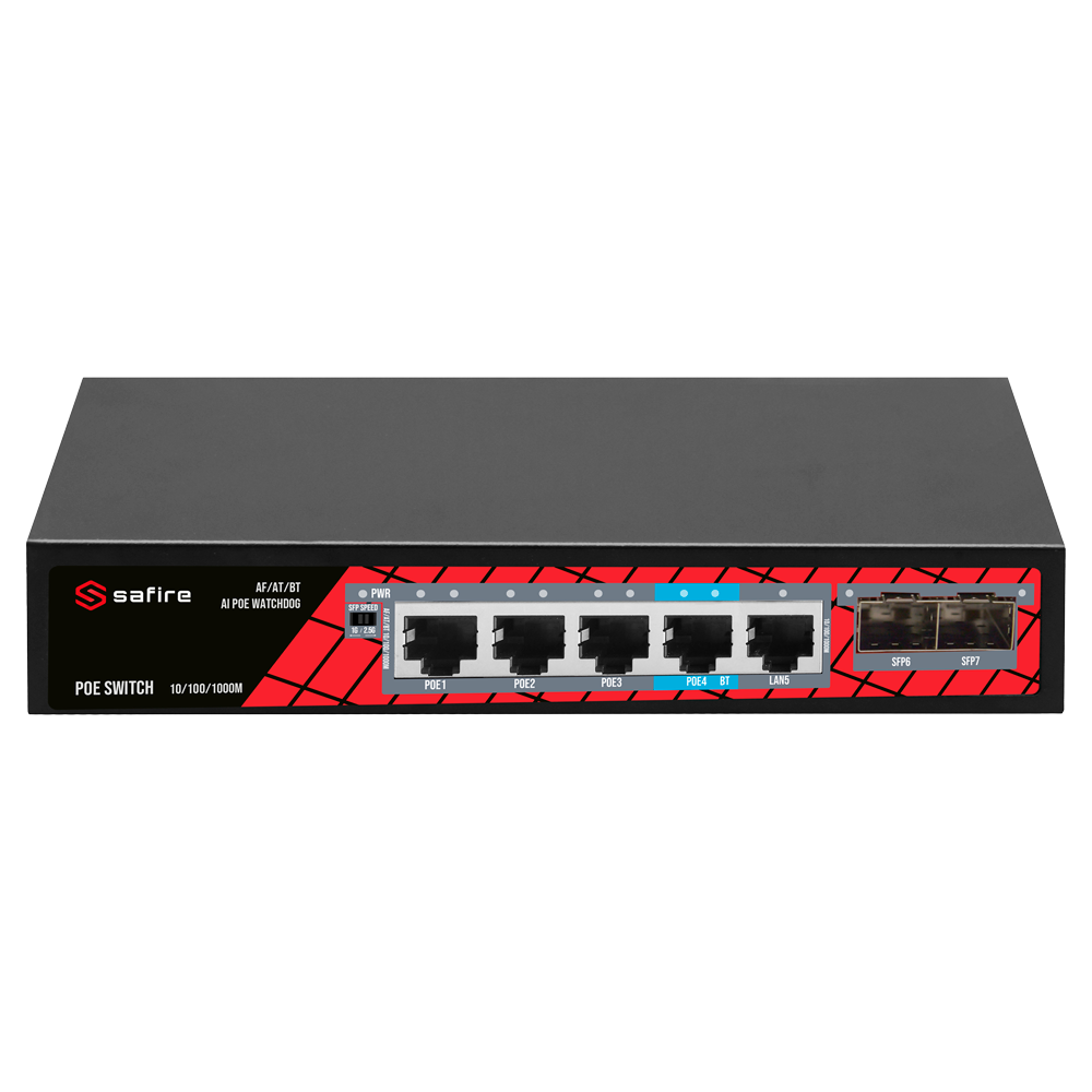 Safire PoE Switch - 4 PoE porte + 1 Uplink RJ45 + 2 SFP (1G/2,5G) - Porthastighed 10/100/1000 Mbps - 4 PoE+ porte 30W (port 4 til 60w) - Total PoE effekt 65W - PoE Watchdog / Auto PoE Extended op til 130m
