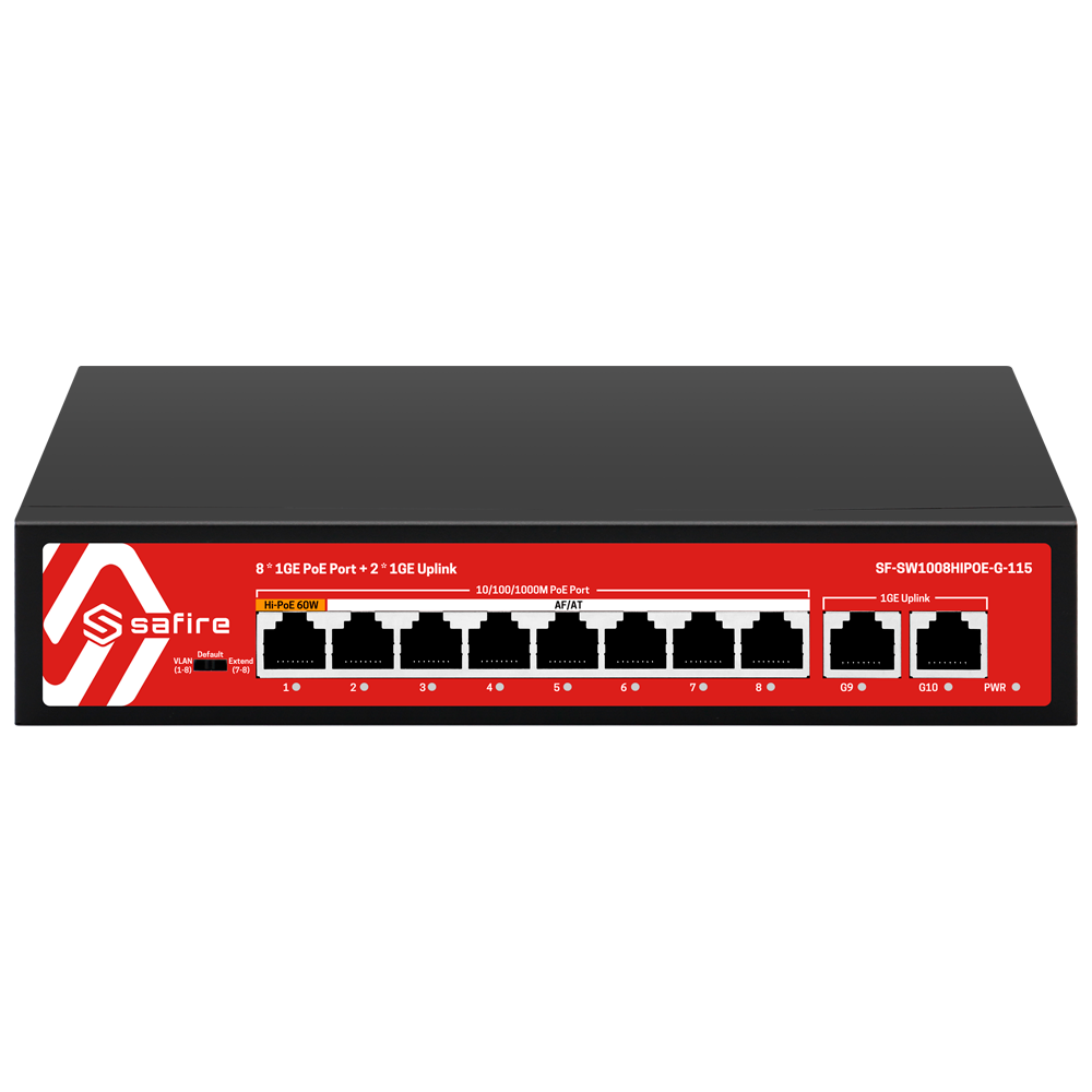 Safire Switch Hi-PoE - 8 PoE port(er) + 2 Up-link port(er) - 10x 10/100/1000Mbps - 7 PoE+ Porte 30W + 1 Hi-PoE Porte 60W - PoE Watchdog - Op til 115W Total PoE Strøm