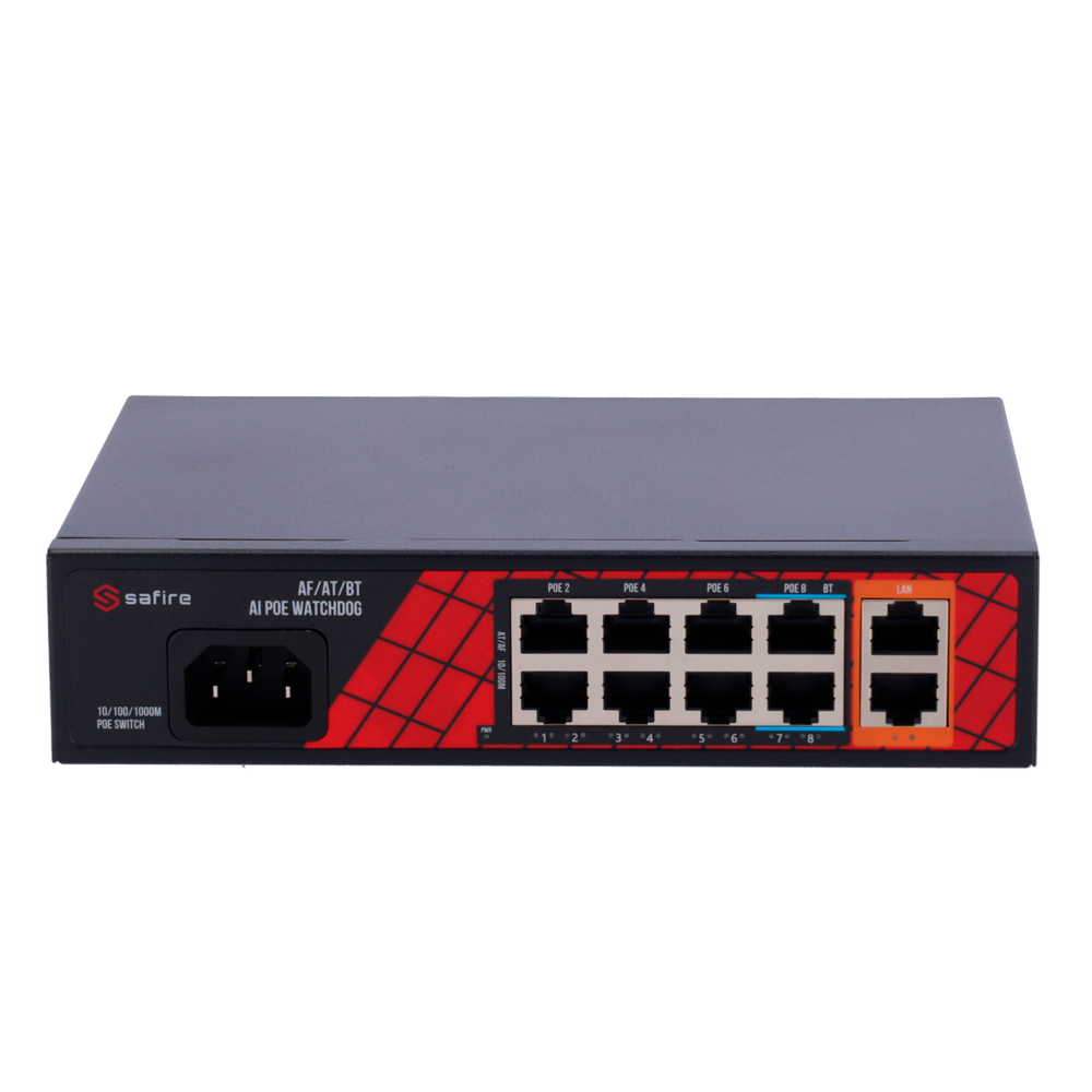 Safire Switch Hi-PoE - 8 PoE port(er) + 2 Up-link port(er) - Hybrid 8x10/100Mbps + 2x10/100/1000Mbps - 6 PoE+ Porte 30W + 2 Hi-PoE Porte 60W - PoE Watchdog - Op til 120W Total PoE Strøm