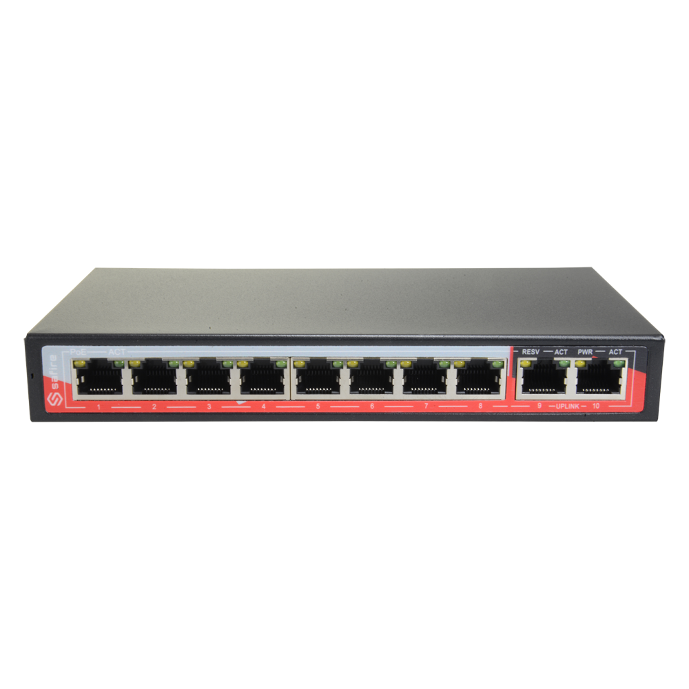 PoE Switch - 8 PoE port(er) + 2 Up-link port(er) - Hastighed 10/100Mbps - Funktioner: Ai VLan/QOS/CCTV Extend/PoE - Standard IEEE802.3af (PoE) / at (PoE+) - Op til 96W i alt for alle porte