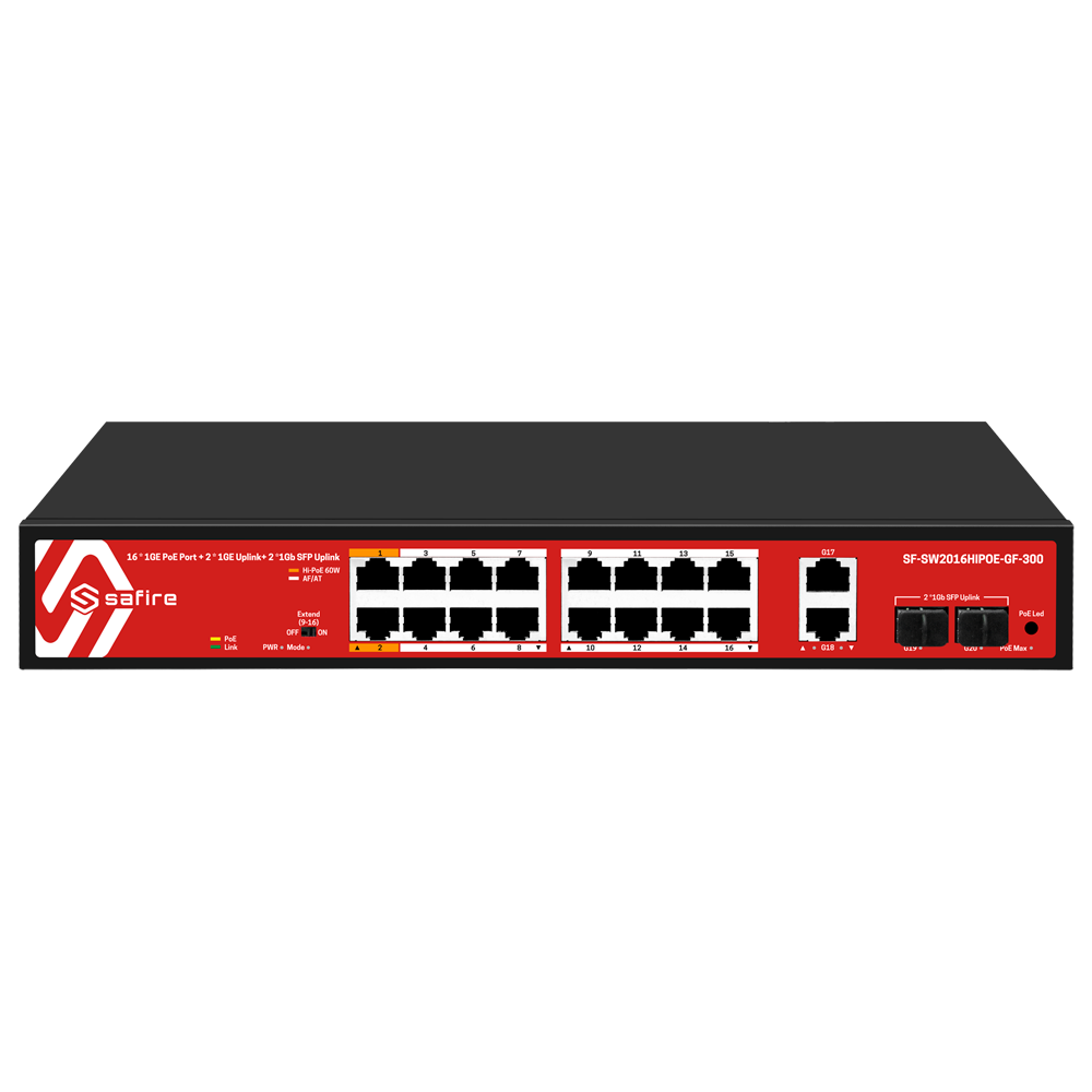 Safire Switch Hi-PoE - 16 PoE porte + 2 SFP + 2 RJ45 - Gigabit port hastighed 10/100/1000Mbps - 14 PoE+ Porte 30W + 2 Hi-PoE Porte 60W - PoE Watchdog - Op til 285W Total PoE Strøm