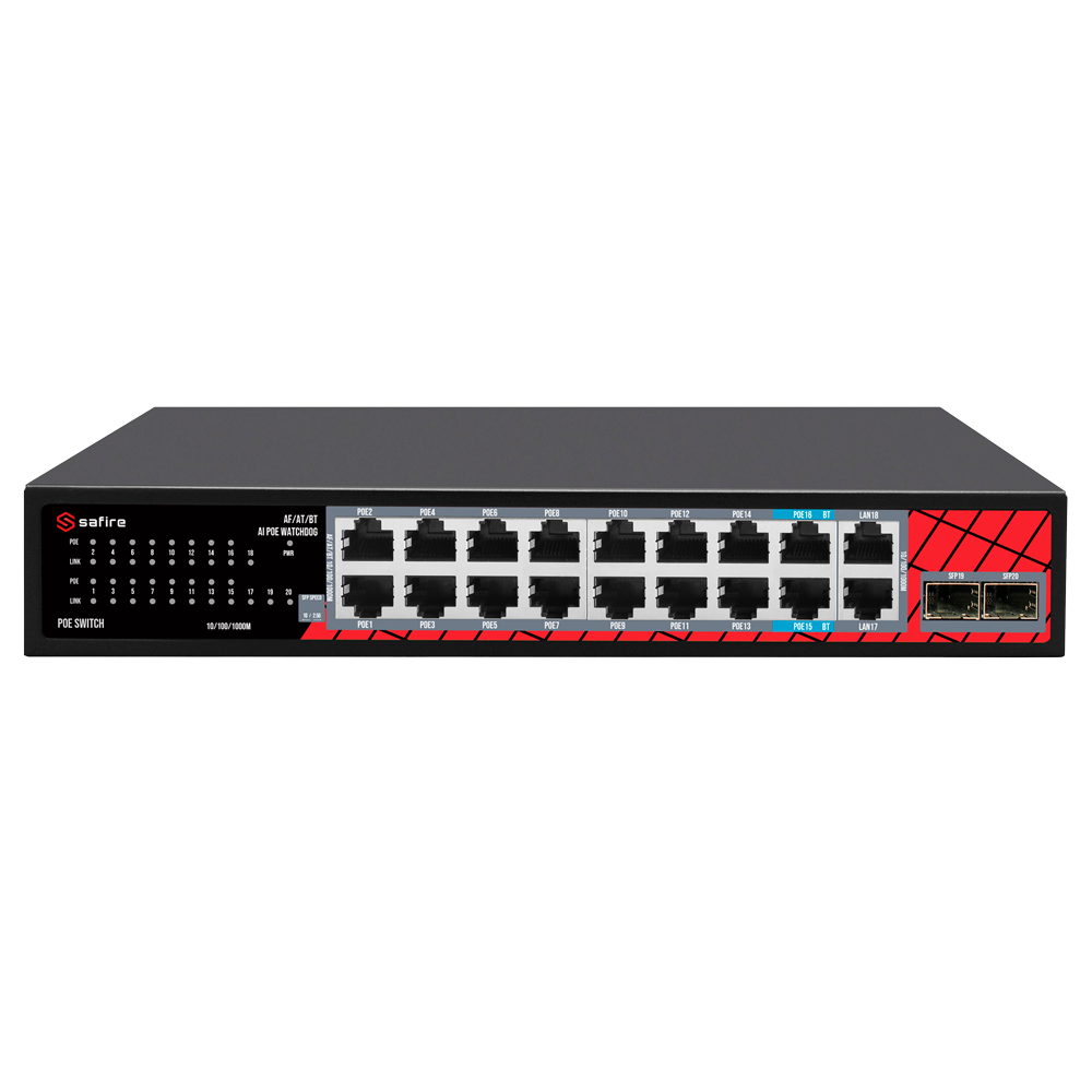 Safire Switch Hi-PoE - 16 PoE porte + 2 SFP + 2 RJ45 - Port hastighed 10/100/1000/2500 Mbps - 14 PoE+ Porte 30W + 2 Hi-PoE Porte 60W - PoE Watchdog - Op til 240W Total PoE Strøm