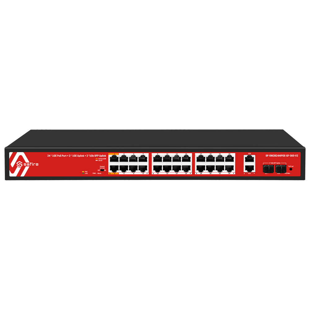 Safire Switch Hi-PoE - 24 PoE porte + 2 SFP + 2 RJ45 - Gigabit port hastighed 10/100/1000Mbps - 22 PoE+ Porte 30W + 2 Hi-PoE Porte 60W - PoE Watchdog - Op til 285W Total PoE Strøm