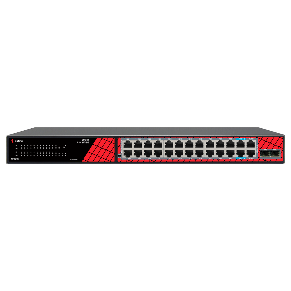 Safire Switch Hi-PoE - 24 porte + 2.5GE SFP Uplink + 2 Uplink RJ45 - Gigabit port hastighed 10/100/1000 Mbps - 22 PoE+ Porte 30W + 2 Hi-PoE Porte 60W - PoE Watchdog - Op til 300W Total PoE Strøm
