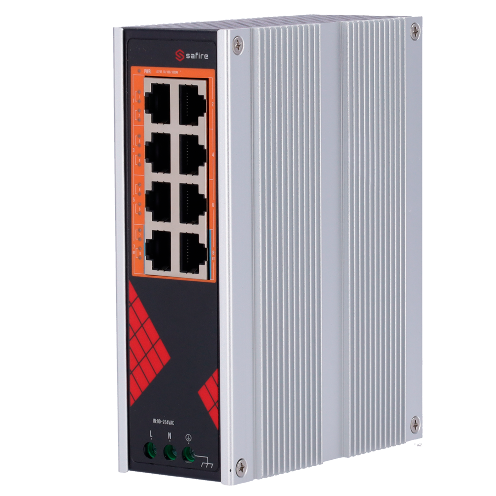 Safire Industrial Switch Industrial AC Strøm 90~264V - 8 porte Gigabit 10/100/1000Mbps - 6 PoE+ Porte 30W + 2 Hi-PoE Porte 60W - PoE Watchdog - Op til 130W Total PoE Strøm - DIN skinne installation
