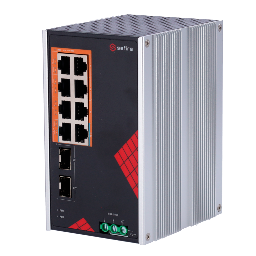 Safire Switch Industrial AC og DC Strøm - 8 Gigabit + 2 Gigabit SFP porte - 6 PoE+ Porte 30W + 2 Hi-PoE Porte 60W - PoE Watchdog - Op til 130W Total PoE Strøm - DIN skinne installation