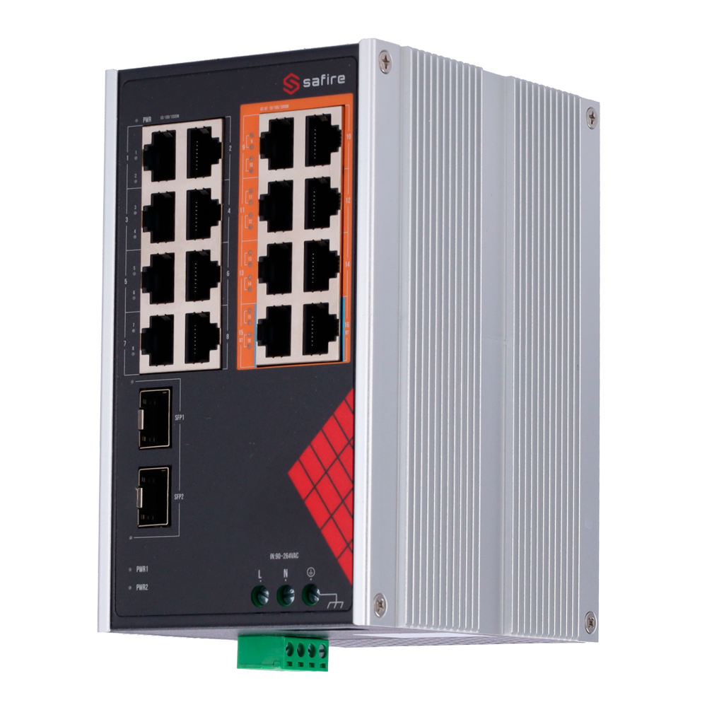 Safire Switch Industrial AC og DC Strøm - 16 Gigabit + 2 Gigabit SFP porte - 6 PoE+ Porte 30W + 2 Hi-PoE Porte 60W - PoE Watchdog - Op til 130W Total PoE Strøm - DIN skinne installation