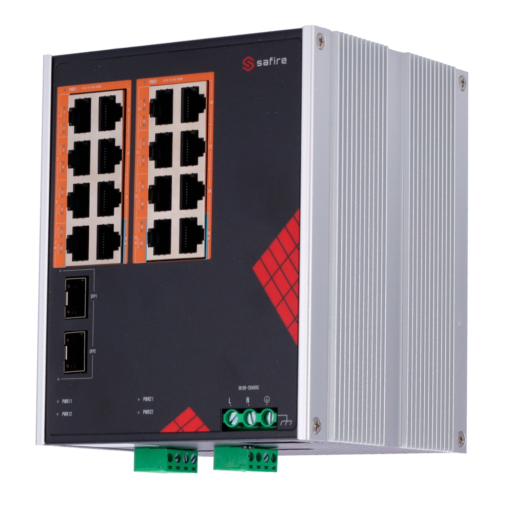 Safire Switch Industrial AC og DC strøm - 16 Gigabit + 2 Gigabit SFP porte - 12 PoE+ porte 30W + 4 Hi-PoE porte 60W - PoE Watchdog - Op til 260W total PoE strøm - DIN skinne installation