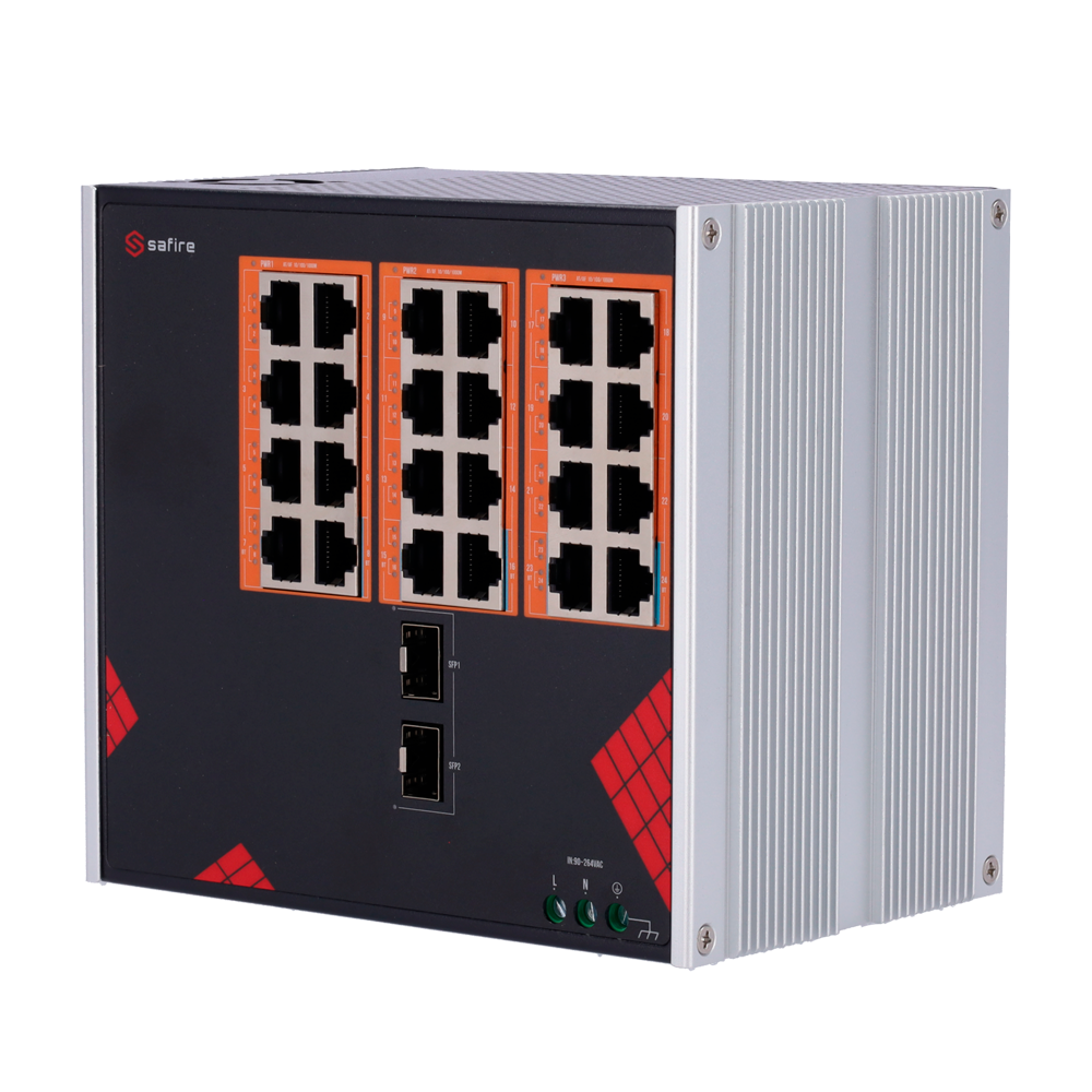 Safire Industrial Switch Industrial AC strøm 90~264V - 24 Gigabit + 2 Gigabit SFP porte - 18 PoE+ porte 30W + 6 Hi-PoE porte 60W - PoE Watchdog - Op til 390W total PoE strøm - DIN skinne installation