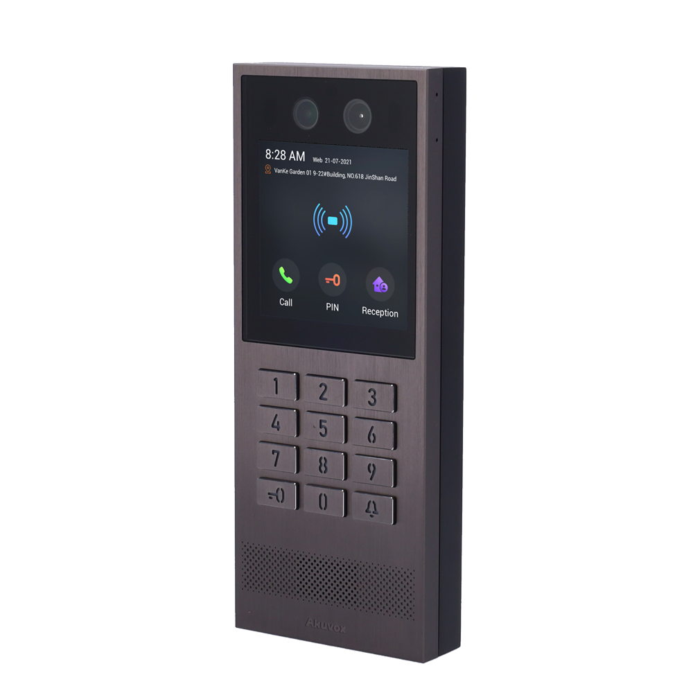 Vandalresistent IP video porttelefon IK08 påbygning - Dobbelt kamera 2 Mpx | Tovejs audio - Ansigtsgenkendelse, kort, PIN, BLE og QR | 2 relæer - Lejligheder : PoE+, SIP standard - TFT 4" touchscreen display | Cloud vedligeholdelse - Forbindelse via Cloud | Output 12V