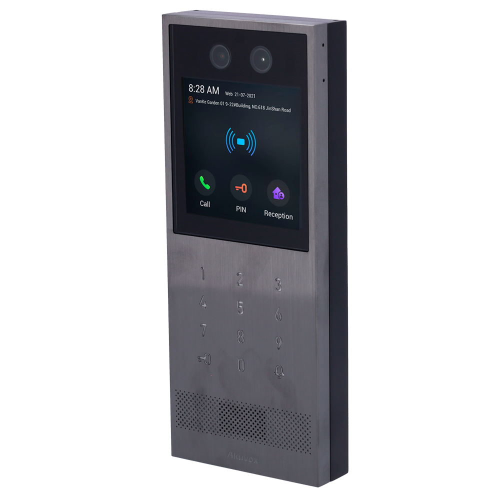 Vandalresistent IP video porttelefon IK10 påbygning - Dobbelt kamera 2 Mpx | Tovejs audio - Ansigtsgenkendelse, kort, PIN, BLE og QR | 2 relæer - Lejligheder : PoE+, SIP standard - TFT 4" touchscreen display | Cloud vedligeholdelse - Forbindelse via Cloud | Output 12V