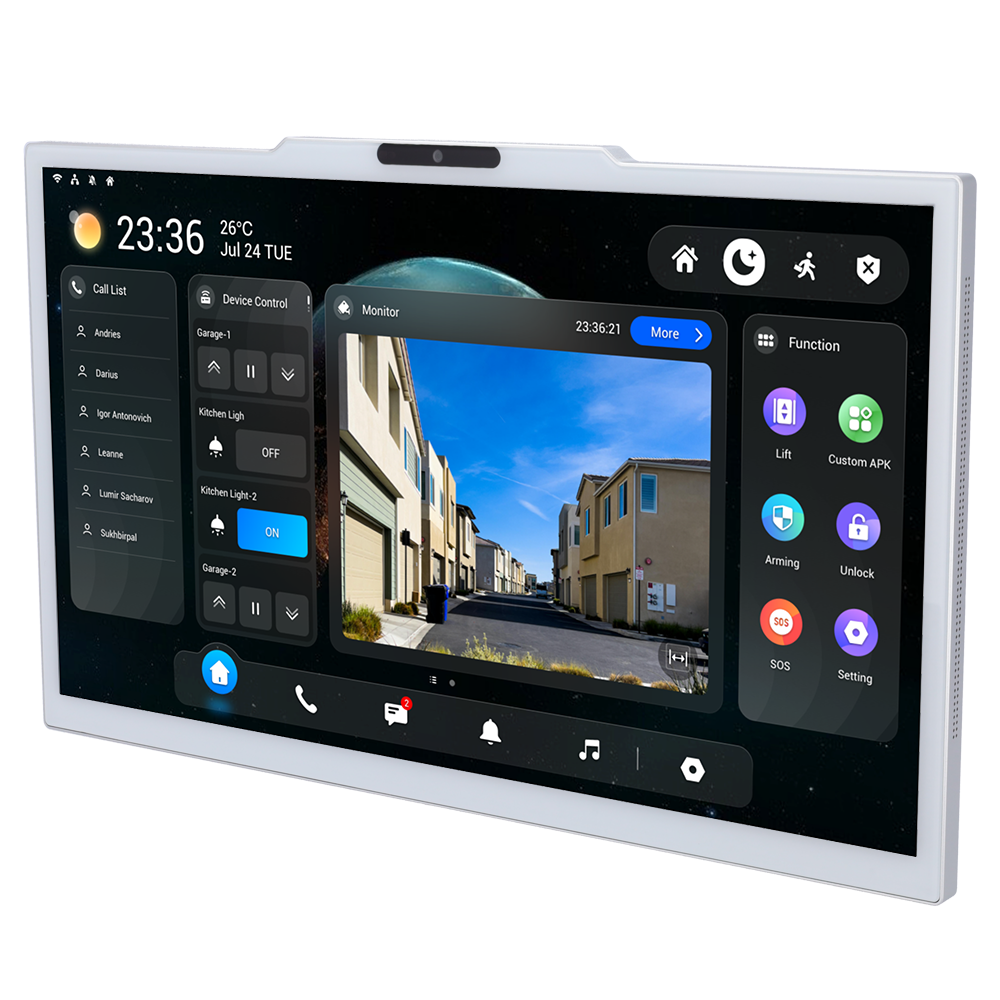 Android 14.0 monitor til video intercom system - IPS display på 15.6" - Tovejs lyd Crystal Clear | Easy UI - TCP/IP, PoE+, WiFi, Bluetooth, standard SIP - Cloud vedligeholdelse | Tredjeparts apps - Forbindelse via Cloud | Integreret kamera