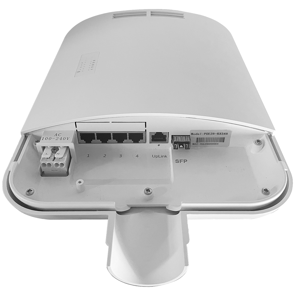 Udendørs PoE switch IP65 - 4 RJ45 PoE + 1 Uplink RJ45 + 1 Uplink SFP - 4 x 100/1000 Mbps 1 x Gigabit 1 x SFP - 30W per port / Total maksimum 60W - Standard IEEE802.3af/at - PoE/PoE+ - Væg og/eller stolpe montering