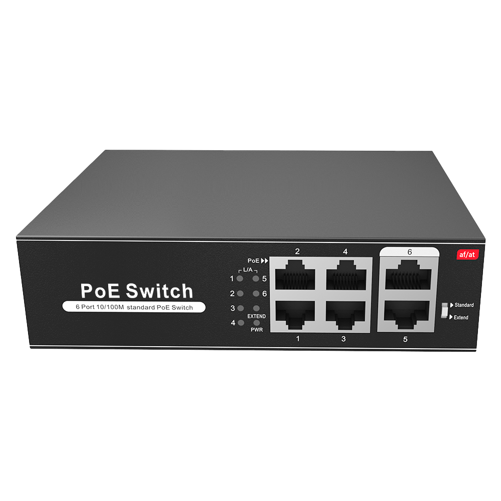 PoE Switch - 4 PoE porte + 2 Uplink porte - Hastighed op til 100 Mbps på alle porte - Op til 60W i alt for alle porte - Båndbredde 1.2 Gbps - Standard IEEE802.3af (PoE) / at (PoE+)