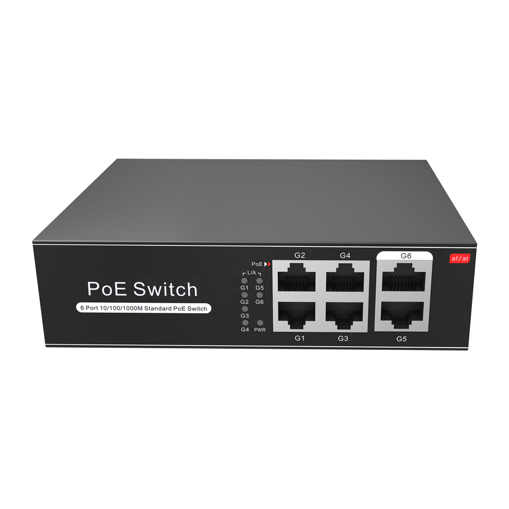 PoE Switch - 4 PoE porte + 2 Uplink porte - Hastighed op til 1000 Mbps på alle porte - Op til 60W i alt for alle porte - Båndbredde 12 Gbps - Standard IEEE802.3af (PoE) / at (PoE+)