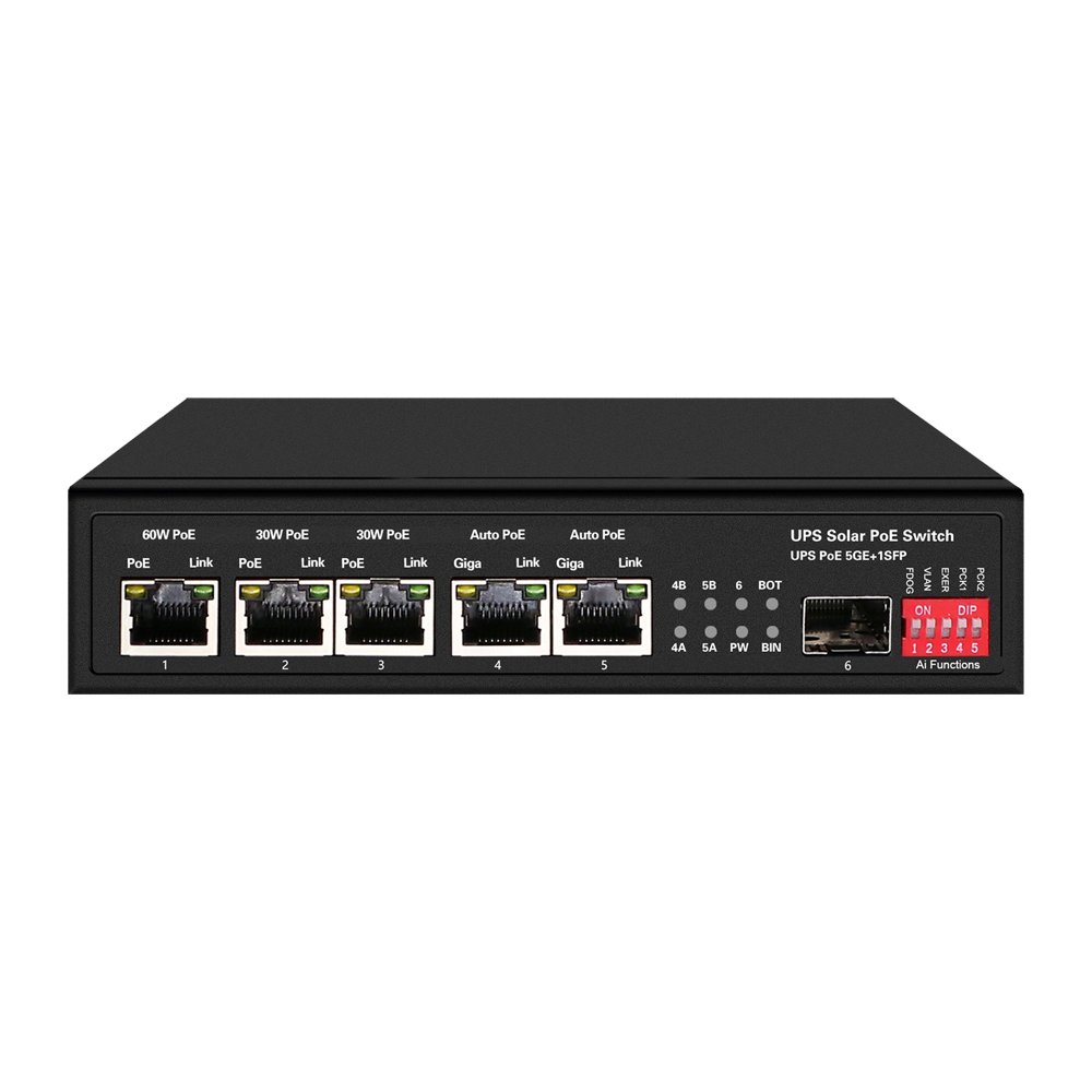 PoE Switch - 5 PoE porte + 1 SFP - Port hastighed 10/100/1000 Mbps - 1xHi-PoE (60W) + 2xPoE+ (30W) + 2x24/48V (25W) - Op til 65W total PoE strøm - Understøtter 12V/24V batterier og 400W paneler