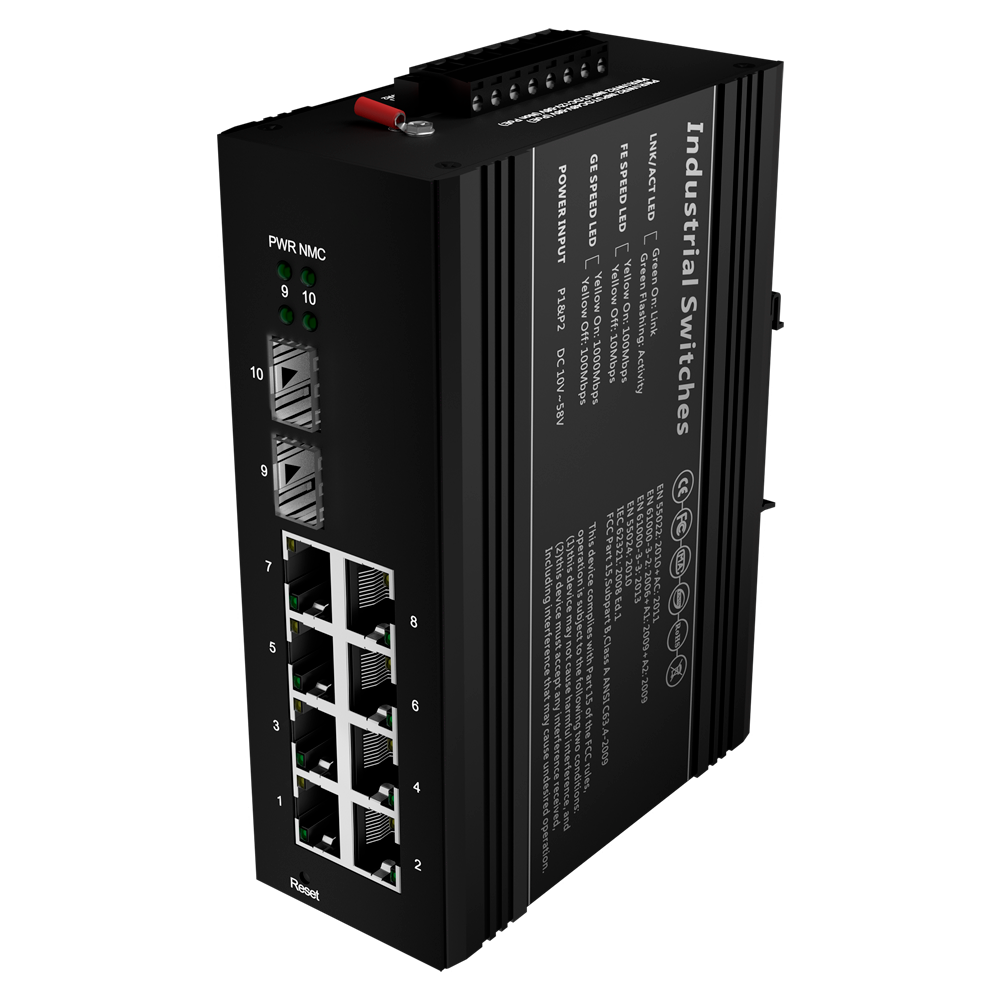 White Brand PoE Switch - DIN skinne montering - 8 Gigabit porte + 2 Gigabit SFP - 90W port 1 og 2 / 30W port 3-8 / Maksimum 240W - IEEE802.3af/at/bt | PoE/PoE+/Hi-PoE - VLAN/STP/RSTP/MSTP/ERPS/SNMP/ACL - Static LAG/IGMP Snooping/DHCP Snoop/802.1x