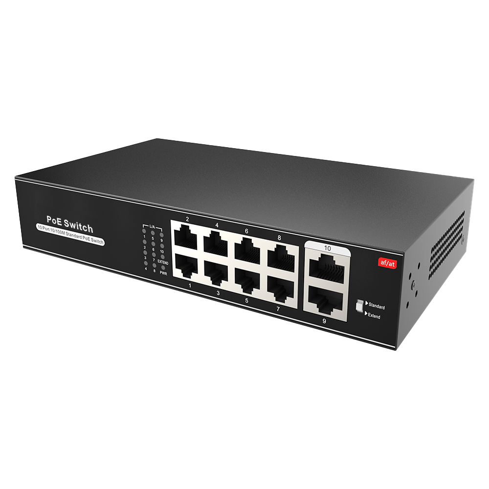 PoE Switch - 8 PoE porte + 2 Uplink porte - Hastighed 10/100Mbps - Funktioner: AI VLAN/QOS/CCTV Extend/PoE - Standard IEEE802.3af (PoE) / at (PoE+) - Op til 100W i alt for alle porte