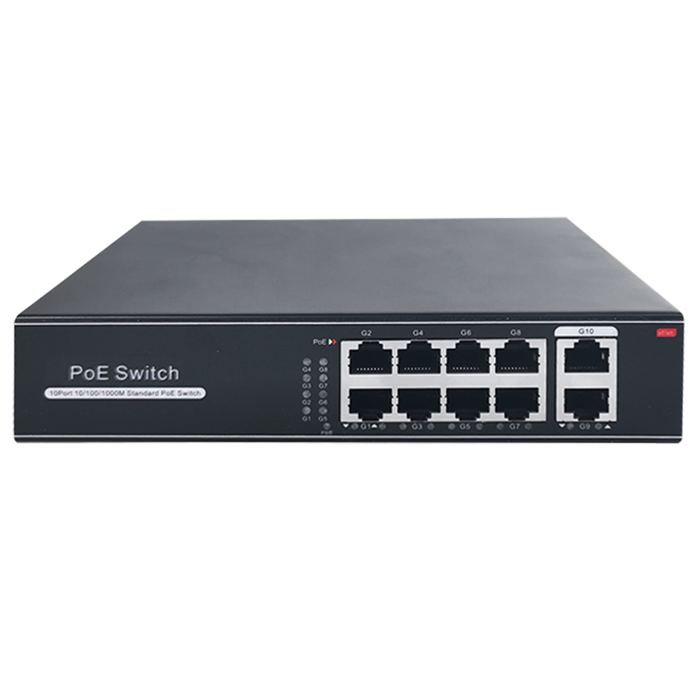 PoE Switch - 8 porte RJ45 + 2 RJ45 Uplink - Port hastighed 10/100/1000 Mbps - 8 PoE Porte 802.3af/at til 30W per port - Total PoE effekt 120W - Plug and Play