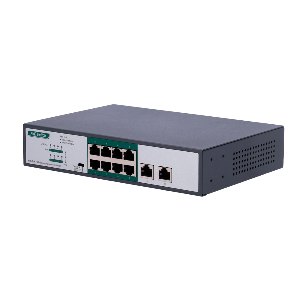 PoE Switch - 8 PoE FE + 2 GE porte - Hastighed 8 x10/100Mbps + 2 x10/100/1000Mbps - 8 PoE+ porte til op til 800m med tilbehør - Op til 120 W Total PoE Effekt - Norm IEEE802.3at PoE / af PoE+
