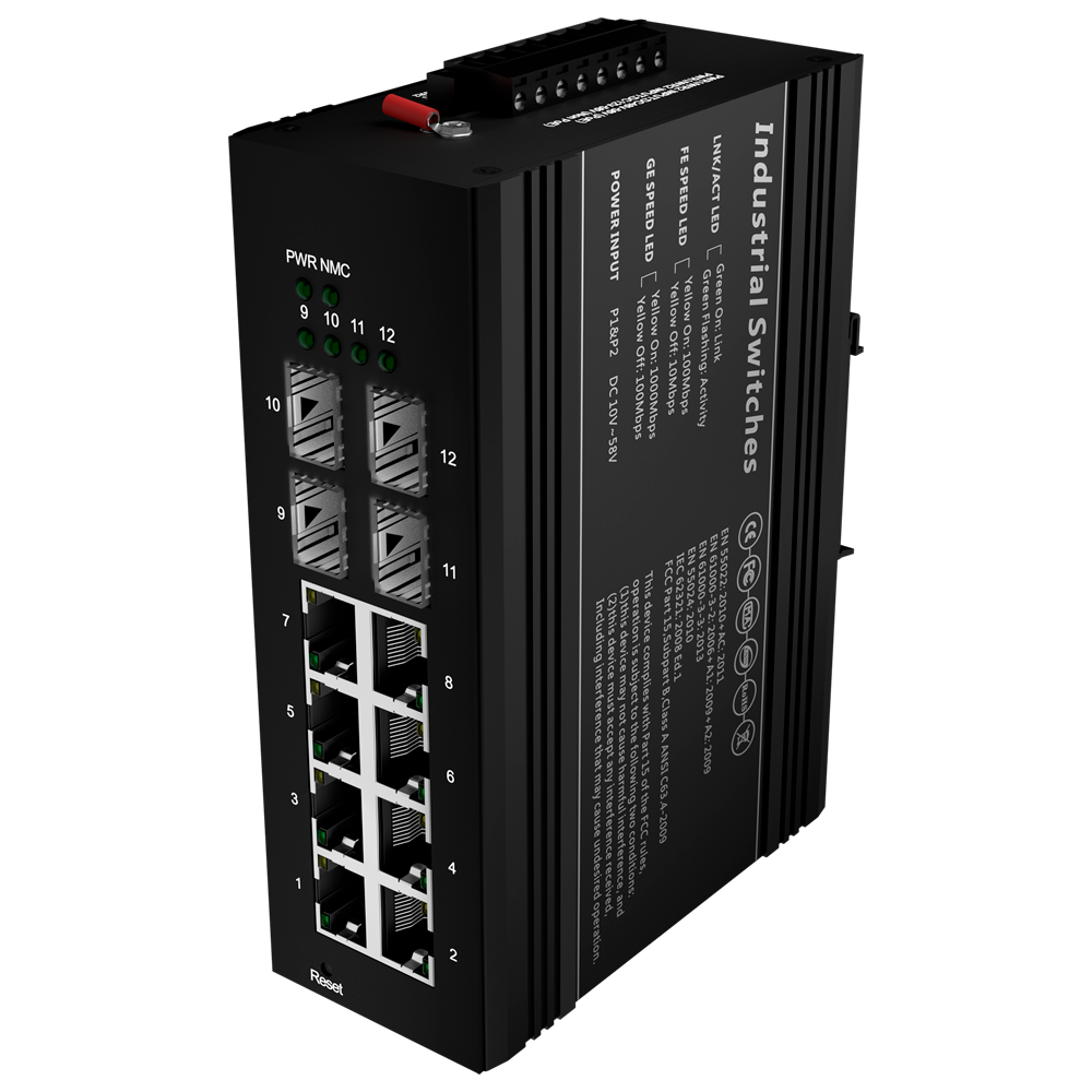 White Brand PoE Switch - DIN skinne montering - 8 Gigabit Porte + 4 Gigabit SFP - 90W porte 1 og 2 / 30W port 3-8 / Maksimalt 240W - IEEE802.3af/at/bt | PoE/PoE+/Hi-PoE - VLAN/STP/RSTP/MSTP/ERPS/SNMP/ACL - Static LAG/IGMP Snooping/DHCP Snoop/802.1x