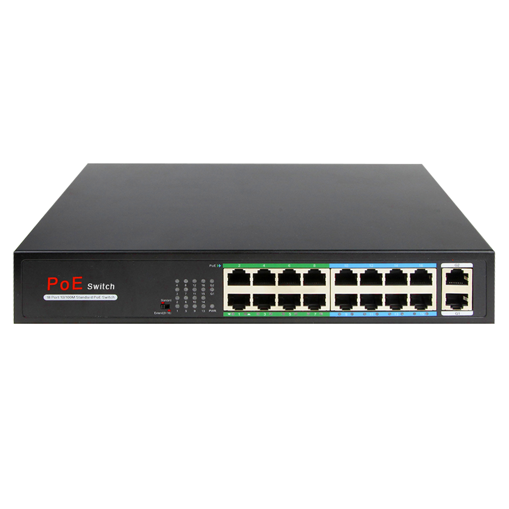 PoE Switch - 16 porte RJ45 + 2 RJ45 Uplink - 16x 10/100Mbps + 2x 10/100/1000Mbps - 16 PoE Porte 802.3af/at til 30W per port - Total PoE effekt 160W - PoE Extended op til 250m Porte 9-16