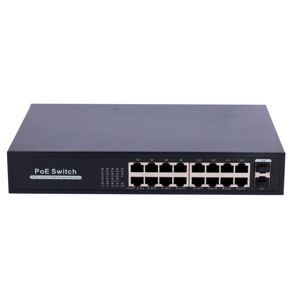 PoE Switch - 16 porte RJ45 + 2 SFP Uplink - 16x 10/100/1000Mbps + 2x 10/100/1000Mbps - 16 PoE Porte 802.3af/at til 30W per port - Total PoE effekt 250W - Racking