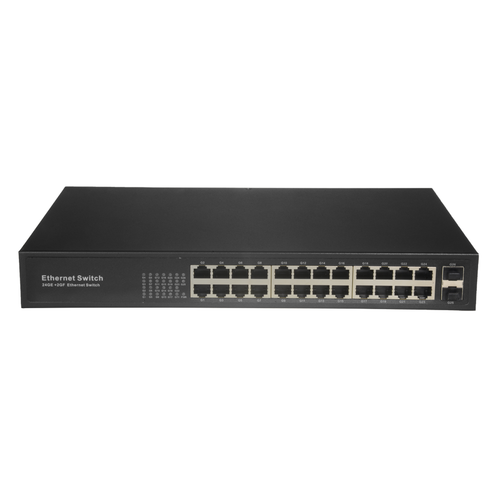 Switch - 24 porte RJ45 + 2 SFP GIGA - Port hastighed 10/100/1000 Mbps - Maksimalt 20W - Plug & Play - Energibesparende Teknologi