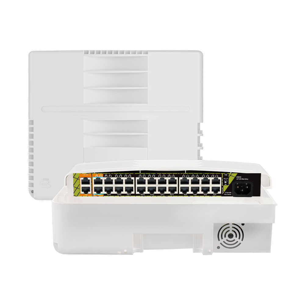 Udendørs PoE switch - 22 RJ45 PoE+ 2 RJ45 Hi-PoE - 2 RJ45 Uplink - 22 x 10/100 Mbps - 4 x Gigabit - Op til 300 W i alt for alle porte - Norm IEEE802.3at PoE+ / af PoE / bt Hi-PoE - Væg og/eller Mast Montering