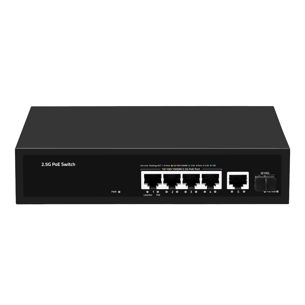 Multigagibit PoE Switch 2,5Gbps - 4 PoE + 1 Uplink Rj45 1/2,5G+ 1 Uplink SFP+ 10G - Port hastighed 2,5/1Gbps - 4 PoE+ Porte 30W - PoE Watchdog - Op til 65W Total PoE Effekt