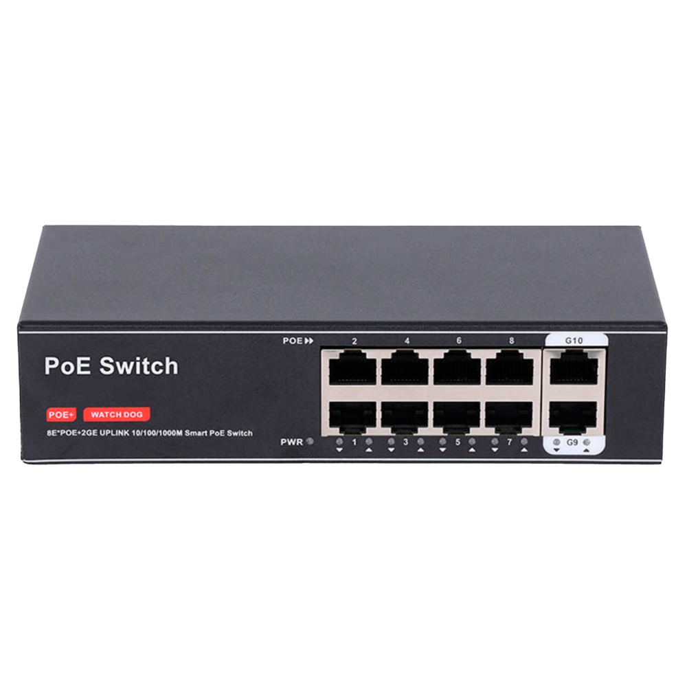 PoE-switch - 8 PoE-port(e) + 2 uplink-port(e) - Hastighed 10/100 Mbps + Uplink 1000 Mbps - PoE IEEE 802.3 af/at - Op til 100 W i alt for alle porte