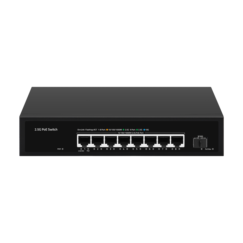 Multigagibit PoE Switch 2,5Gbps - 8 PoE porte + 1 Uplink SFP 10G - Port hastighed 2,5/1Gbps - 8 PoE+ Porte 30W - PoE Watchdog - Op til 150W Total PoE Effekt