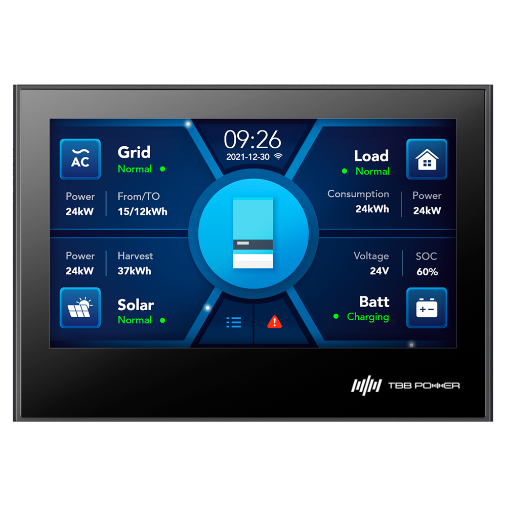 LCD TBB display - Kompatibel med RioSun II invertere - Overvågning, programmering og styring - Parallelle og trefasesystemer - Kommunikerer med batterier og generatorer