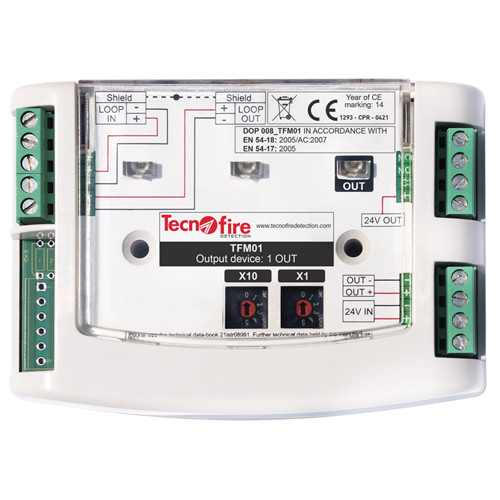 Adresserbart modul 1 output - 2 output type modaliteter: kontakt eller CO - 2 driftskriterier: Dæmpning og ikke-dæmpning - Beskyttet service indgang - 1 output status signal-LED - Overflade- eller DIN-montering med tilbehør (TFDIN)