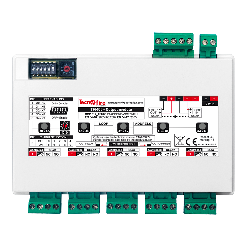 Adresserbart modul 5 outputs - 2 output type modaliteter: kontakt eller CO - 2 driftskriterier: Dæmpning og ikke-dæmpning - Beskyttet service indgang - Output status indikator - Overflade- eller DIN-montering med tilbehør (TFDIN)
