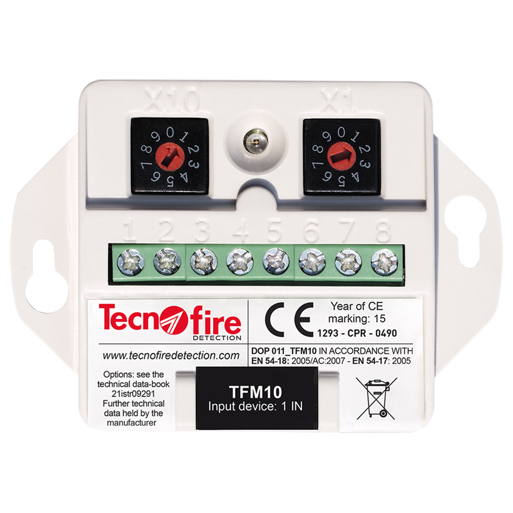 Adresserbart modul 1 input - 4 driftskriterier: alarm, stilhed, reset eller ingen - 2 tilslutningsmåder: Alarm/Observation - 1 output status signallampe - Overfladeudførelse