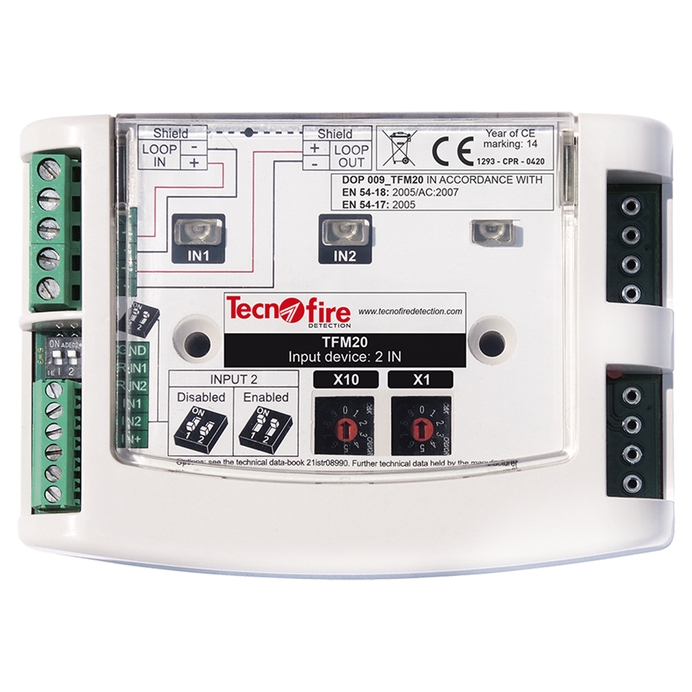 Adresserbart modul 2 inputs - 4 driftskriterier: alarm, stilhed, reset eller ingen - 2 tilslutningsmåder: Alarm/Observation - 1 output status signal-LED - Overflade- eller DIN-montering med tilbehør (TFDIN)