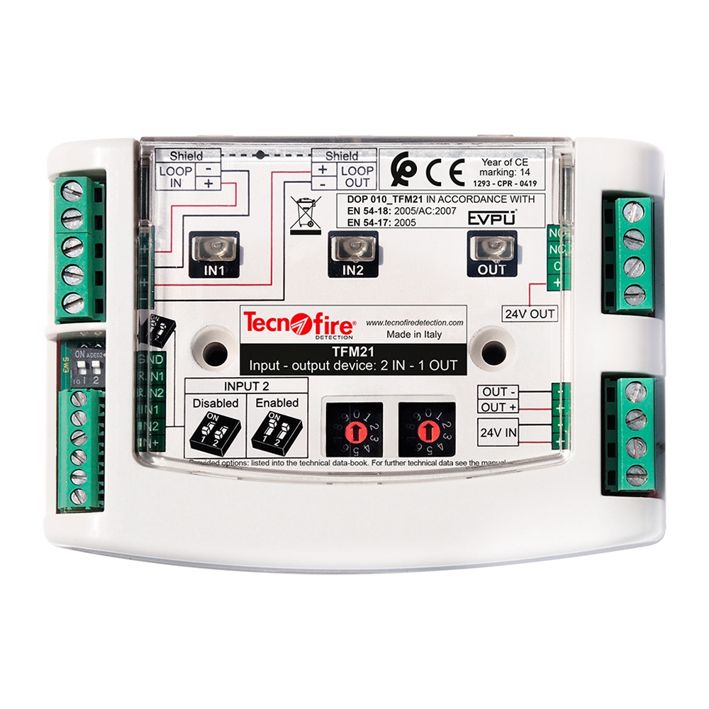 Adresserbart modul 2 inputs + 1 output - 4 driftskriterier: alarm, stilhed, reset eller ingen - 2 input tilslutningsmåder: Alarm/Observation - 1 output status signallampe - Overflade- eller DIN-montering med tilbehør (TFDIN)