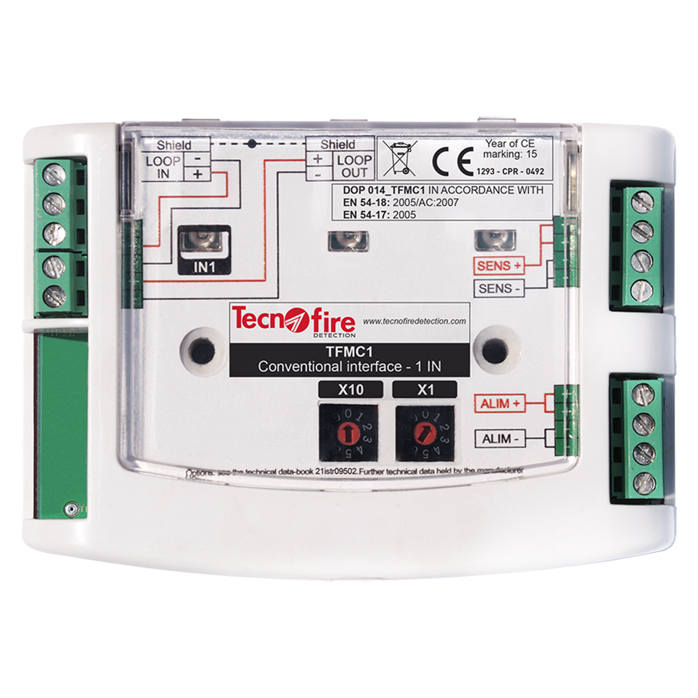 Adresserbart modul 1 konventionel zone - Strømforsyning til konventionelle optoisolerede sensorer - 2 tilslutningstilstande indgang: Alarm/Syne - 1 signalstatus-token - Overflade- eller DIN-montering (TFDIN tilbehør)