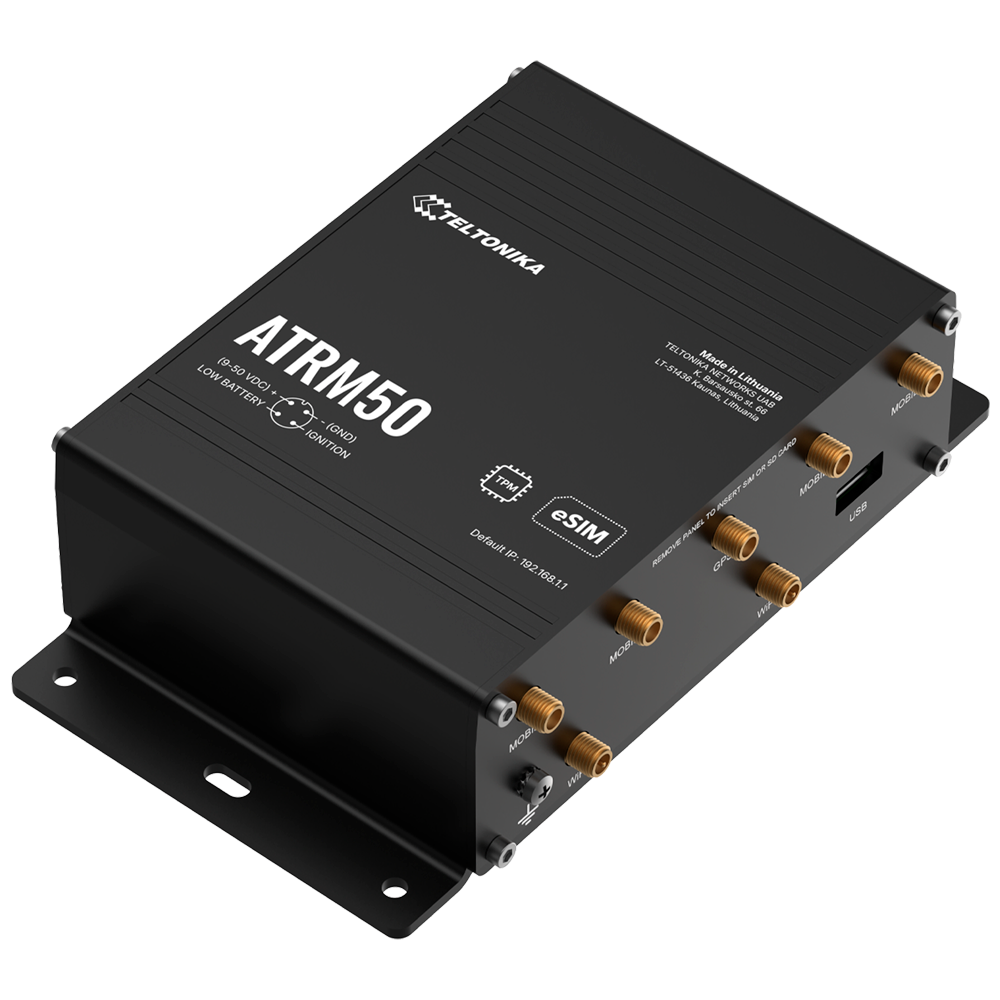 5G M12 Industriel Router - 5G Sub-6Ghz SA/NSA (kompatibel med 4G/3G) - 4 Porte M12 10/100/1000Mbps - Dual Sim og eSim - Connector M12 A (9) - 50 VDC - 802.11b/g/n/ac Wi-Fi 5