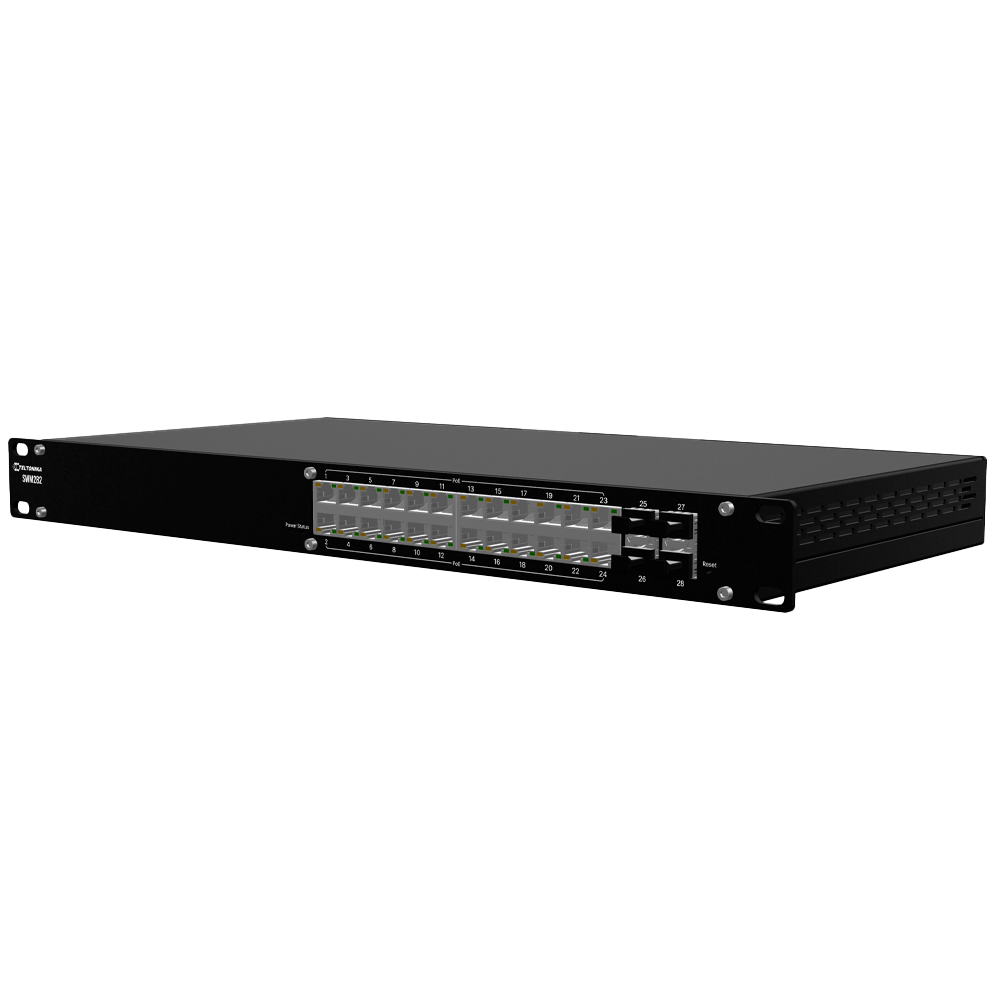 Teltonika Switch PoE Layer 3 - 24 Gigabit+ PoE porte 4 Gigabit SFP - 30W per port 802.3af/at / Maksimum 300W - DHCP/VLAN/STP/RSTP/MRP/ACL/QoS/SNMP - RMS styringslicens (2 år inkluderet) - Rack-montering