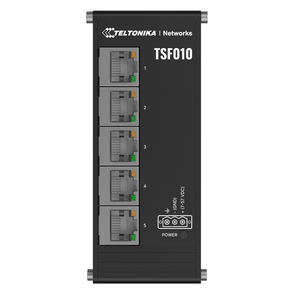 Teltonika Industrial Unmanaged Switch - 5 Ethernet porte RJ45 Fast Ethernet - Robust anodiseret aluminiumskabinet - Plug and Play - DC strøm 7 til 57V - Status LED