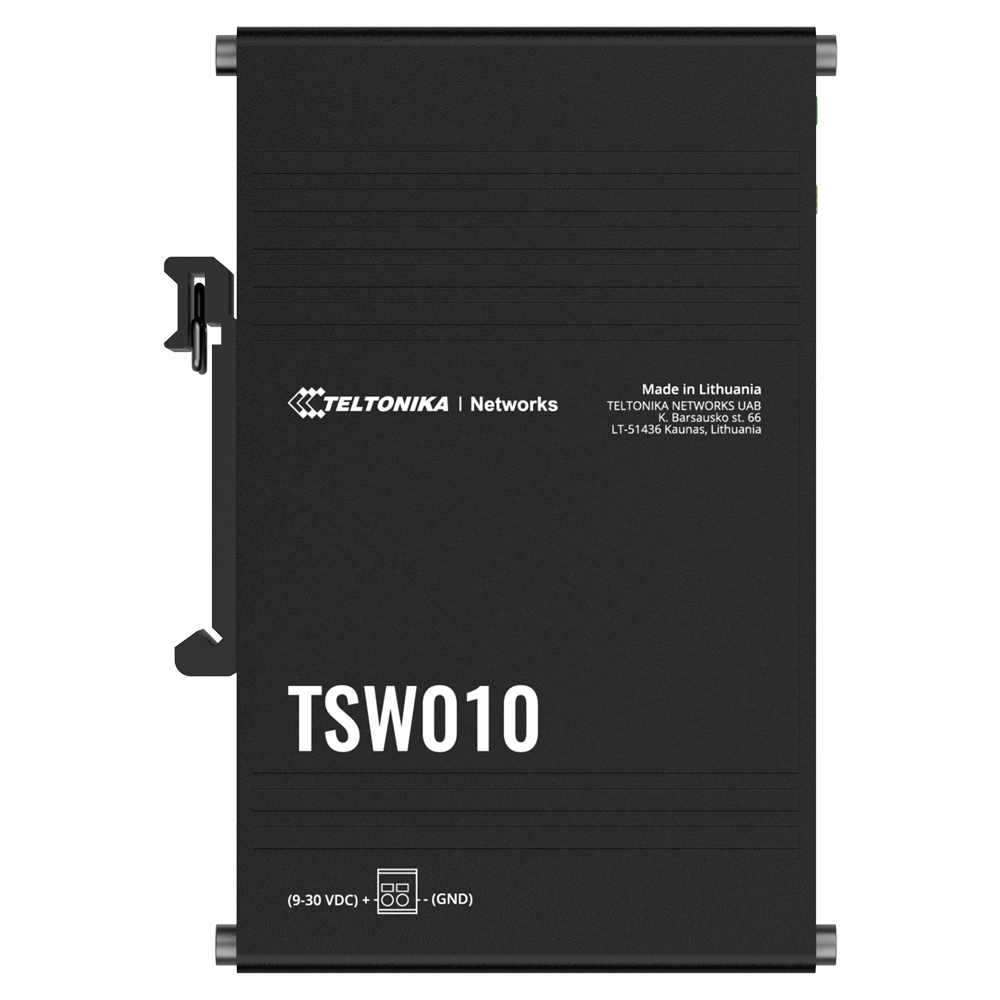 Teltonika Industrial Unmanaged Switch - 5 Ethernet porte RJ45 Fast Ethernet - Robust aluminiumskabinet - Plug and Play - DC strøm 9 til 30V - Status LED