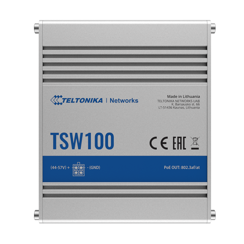 Teltonika Industrial Unmanageable PoE Industrial Switch - 5 Ethernet RJ45 Gigabit porte - 4 Ethernet PoE+ porte 802.3af/at - Op til 30W pr. PoE port - Op til 120W PoE effekt - Robust aluminiumskabinet