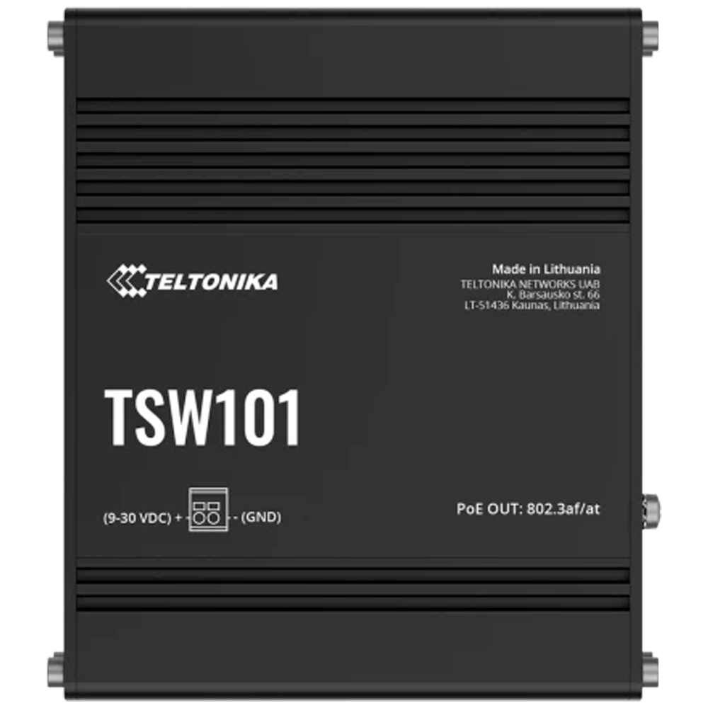 Teltonika Industrial Unmanageable PoE Industrial Switch - 5 Ethernet RJ45 Gigabit porte - 4 Ethernet PoE+ porte 802.3af/at - Op til 30W pr. PoE port - Op til 60W total PoE effekt - Robust aluminiumskabinet