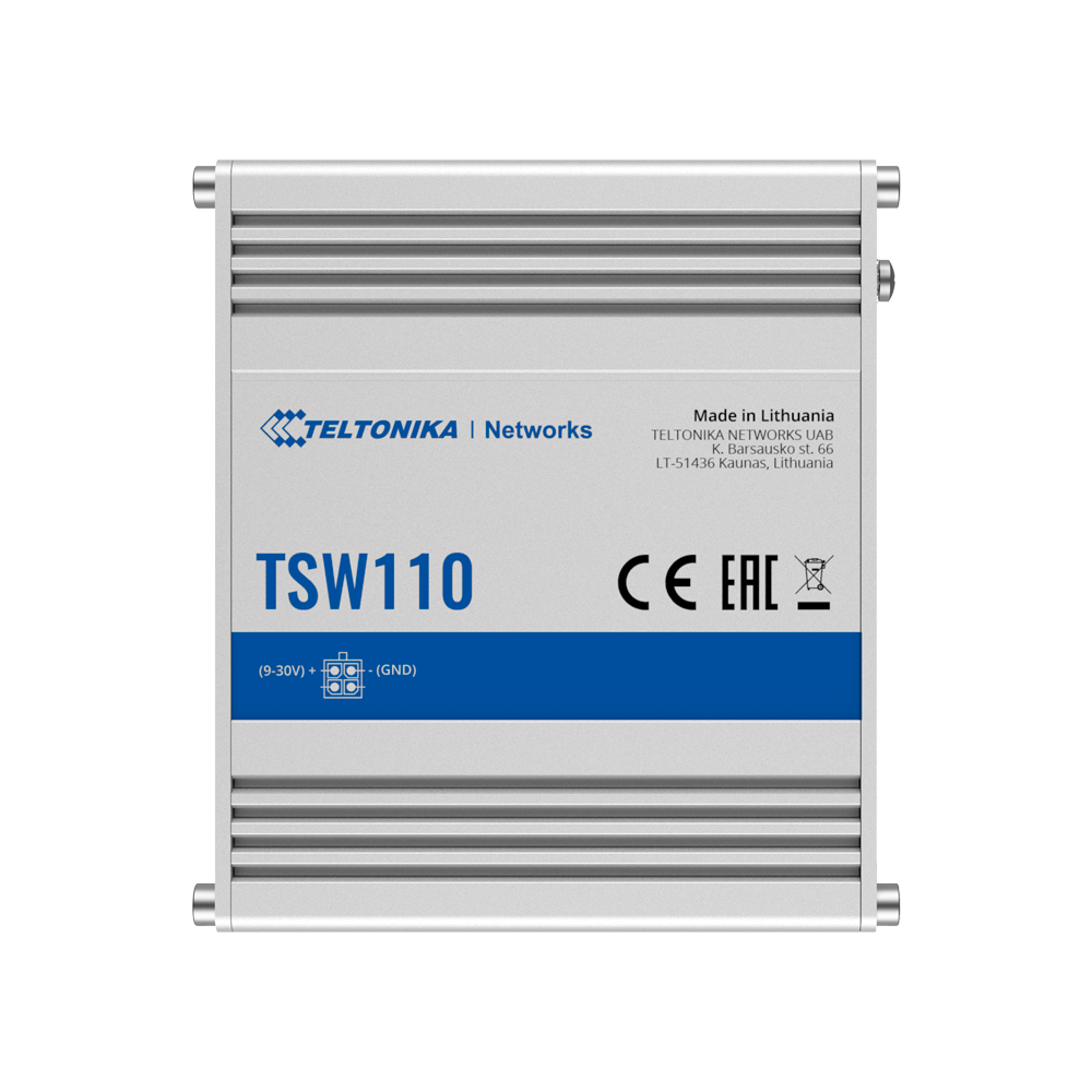 Teltonika Industriel Unmanaged Switch - 5 Ethernet RJ45 Gigabit porte - Robust Aluminium Kabinet - Plug and Play - DC strøm 9 til 30V - Status LED