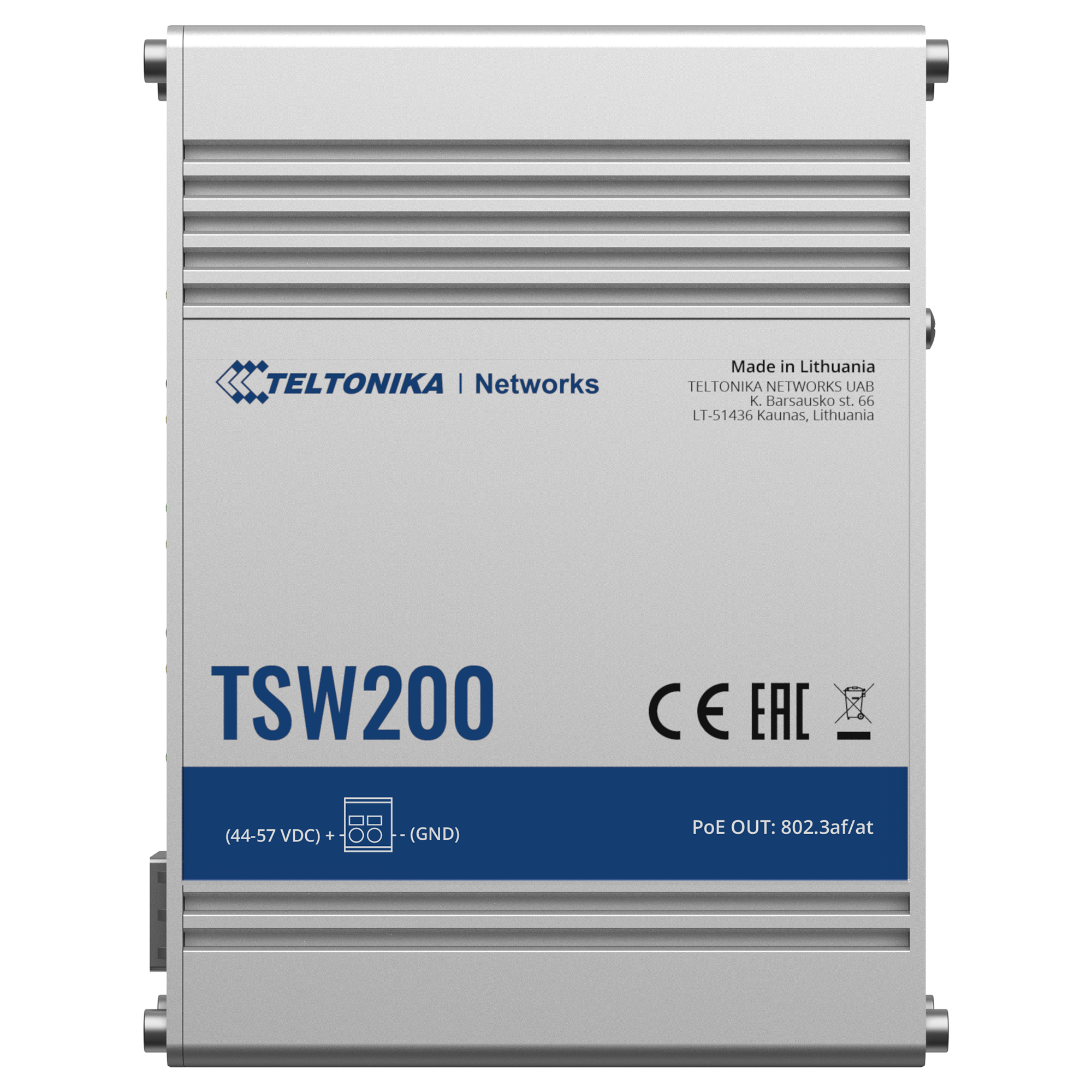 Teltonika Industriel Unmanaged PoE Switch - 8 Ethernet RJ45 Gigabit +2 SFP Gigabit porte - 8 Ethernet PoE+ Porte 802.3af/at - Op til 30W per PoE Port - Op til 240W PoE Effekt - Robust Aluminium Kabinet