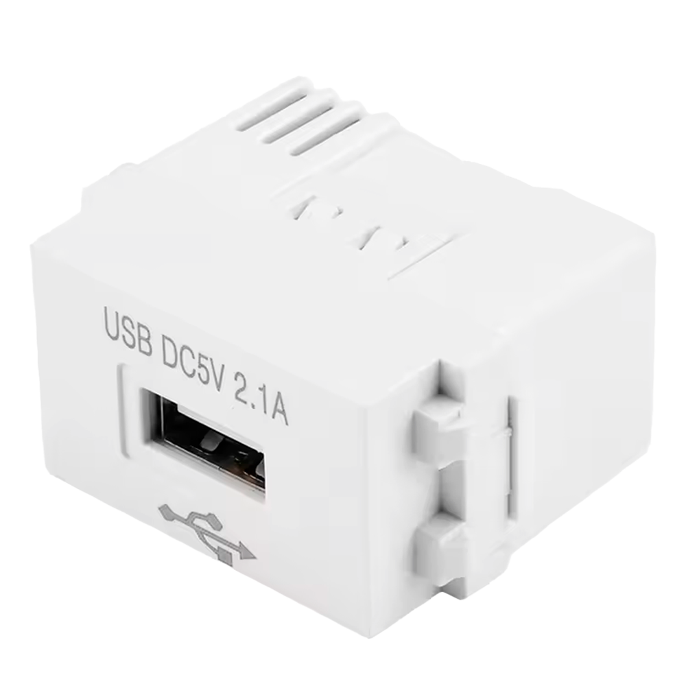 Spændingskonverter - Indgang AC 220 V - DC udgang 5 V / 2.1 A i USB A format - Dimensioner: 43 (B) x 23 (H) x 35 (D) mm - Reduceret størrelse